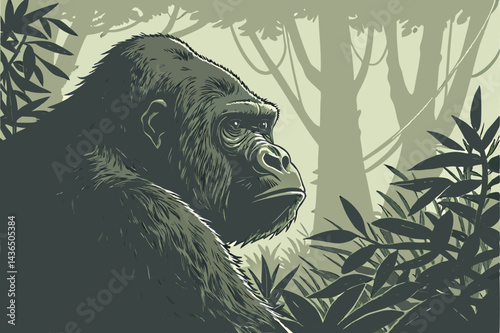 55 Photorealistic gorilla portrait, lush jungle setting, intense gaze, atmospheric lighting, misty background, green foliage, close-up, high detail, wildlife photography, moody, dramatic, cinematic, 8