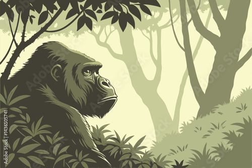 55 Photorealistic gorilla portrait, lush jungle setting, intense gaze, atmospheric lighting, misty background, green foliage, close-up, high detail, wildlife photography, moody, dramatic, cinematic, 8