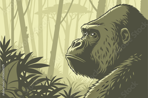 55 Photorealistic gorilla portrait, lush jungle setting, intense gaze, atmospheric lighting, misty background, green foliage, close-up, high detail, wildlife photography, moody, dramatic, cinematic, 8