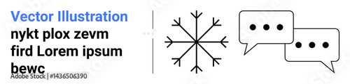 Black snowflake paired with two chat balloons featuring ellipses, representing connection, conversation, and seasonal ideas. Ideal for weather apps, communication tools, storytelling, branding