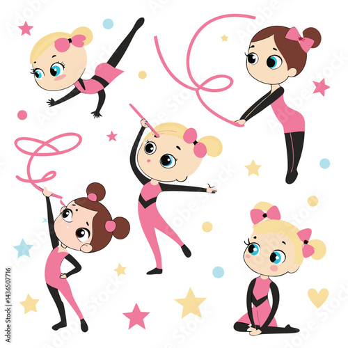 Cute Cartoon Gymnasts with Ribbons