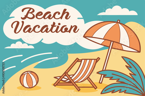 Tropical Beach Vacation vector Illustration with Chair, Umbrella, and Sea View