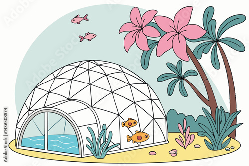 57 Tropical paradise, futuristic dome structure, crystal clear pool water, vibrant pink plumeria flowers, colorful coral reef, exotic clownfish, palm trees, sunny sky, underwater camera, surreal vacat