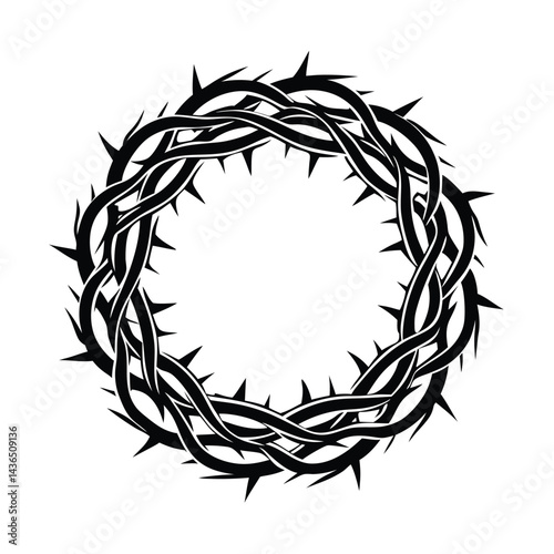 Crown of Thorns Silhouette, Isolated Black Thorns Circle, Spiky Branches, Vine, Round