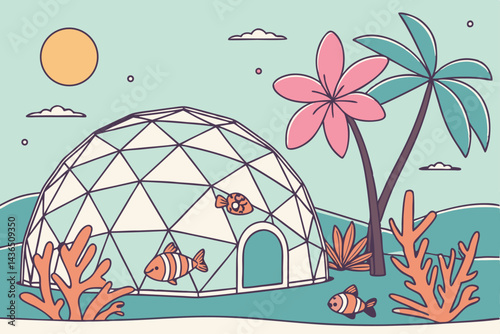57 Tropical paradise, futuristic dome structure, crystal clear pool water, vibrant pink plumeria flowers, colorful coral reef, exotic clownfish, palm trees, sunny sky, underwater camera, surreal vacat