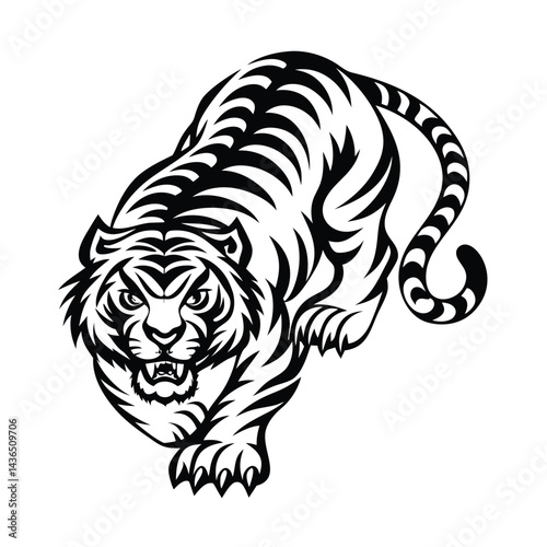 Stylized Silhouette Roaring Tiger in Striking Black and White Tribal Pattern Design