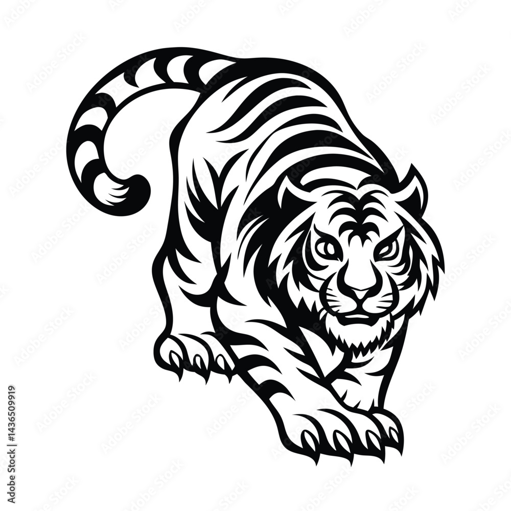 Obraz premium Aggressive Silhouette Dynamic Tiger Prowling, Black and White Tribal Strips, Isolated