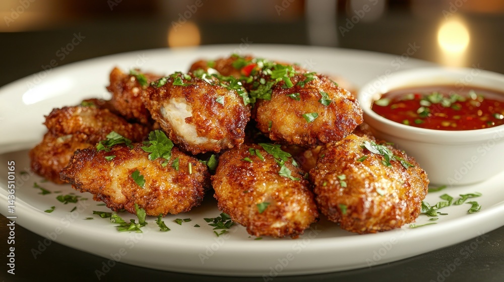 Crispy chicken nuggets with spicy dipping sauce