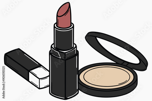 58 Cosmetic product photography, foundation swatch, beige liquid makeup, black cylindrical container, glossy lipstick, sleek packaging, neutral skin tone, beauty industry, smooth texture, high-end mak