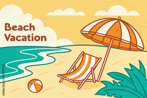 Tropical Beach Vacation vector Illustration with Chair, Umbrella, and Sea View