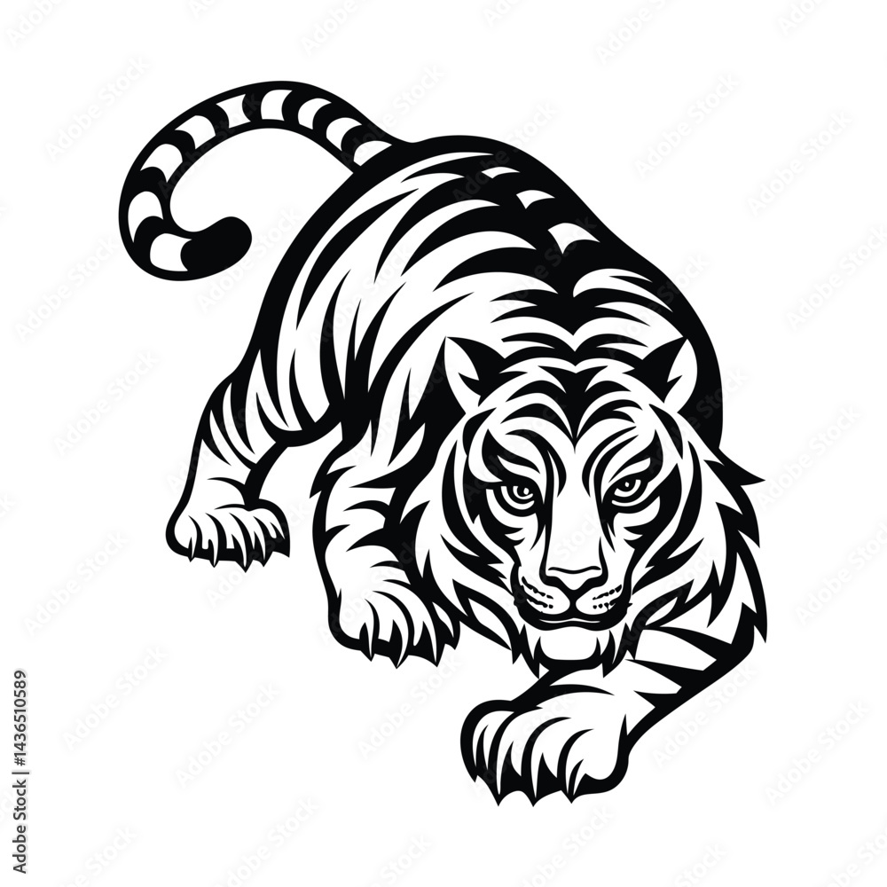 Fototapeta premium Black & White Tiger Illustration, Fierce Feline Pouncing, Striped Fur, Isolated Design