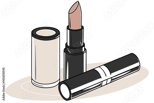 58 Cosmetic product photography, foundation swatch, beige liquid makeup, black cylindrical container, glossy lipstick, sleek packaging, neutral skin tone, beauty industry, smooth texture, high-end mak