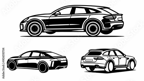 Modern Car Vector  Silhouettes in Black Line Art Style