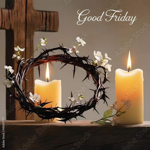 Good Friday Candlelight Glow Christian Holiday Decoration on Dark Wooden Wall