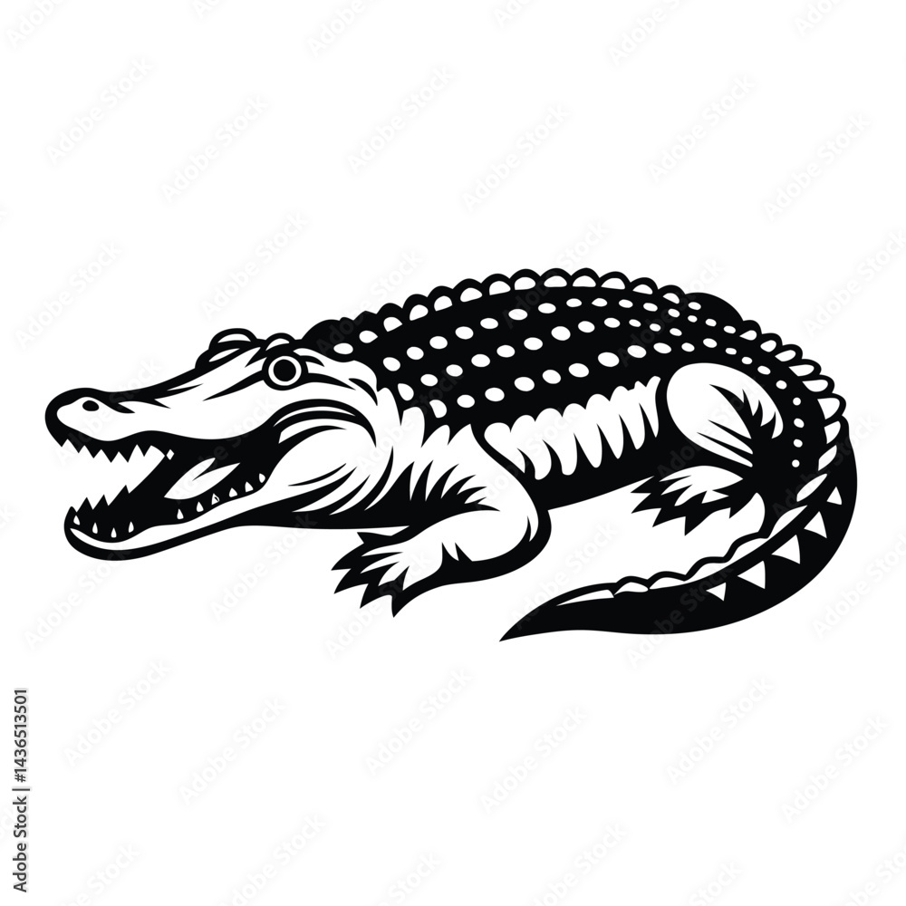 Isolated Black Silhouette Alligator, Mouth Open, Teeth Showing, On White Background Isolated Black Silhouette Alligator, Mouth Open, Teeth Showing, On White Background