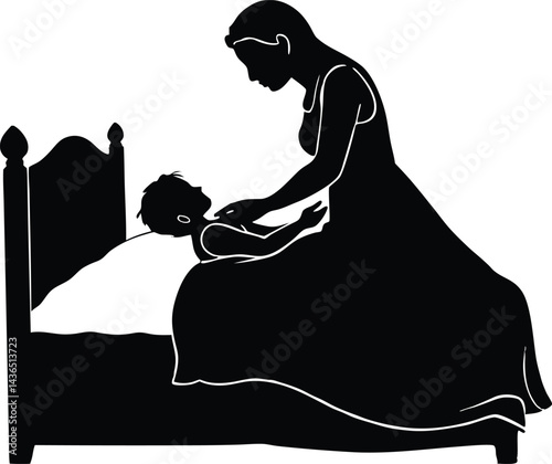 mom tucking child in bed silhouette