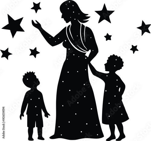 mom watching stars with kids silhouette