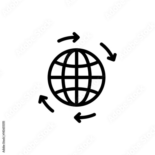 Black Icon of a Globe with Arrows Around it Symbolizing Global Reach