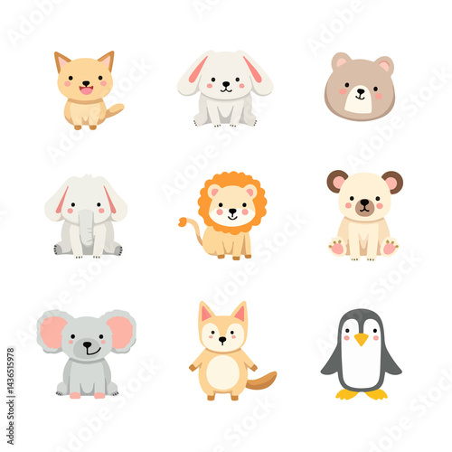 Wallpaper Mural Cute Cartoon Animal Stickers Set with White Background | 10 Adorable Animals Collection" Torontodigital.ca