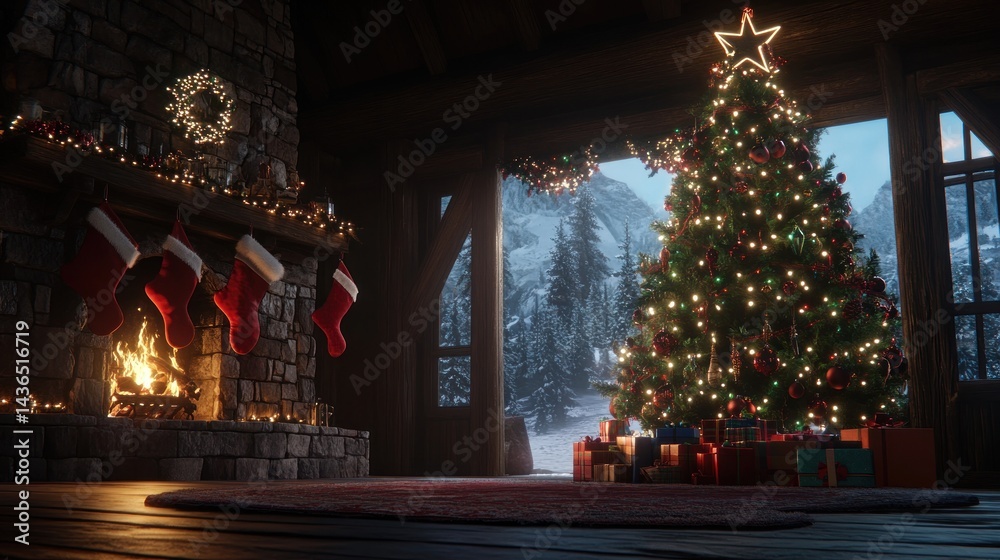 Fototapeta premium Cozy Christmas Cabin with Snowy Mountain View