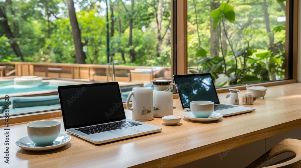 Fototapeta premium a photorealistic scene of a minimalist home office setup featuring a laptop a warm cup of tea and a comfortable chair by a large window with curtains