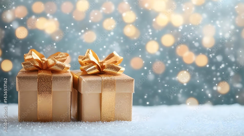 Shiny Golden Gift Boxes with Ribbons Against a Soft Background Shiny Golden Gift Boxes with Ribbons Against a Soft Background