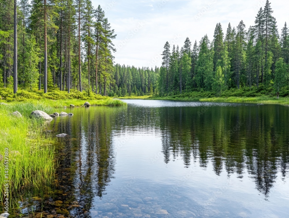Fototapeta premium Calm lake reflecting lush green pine forest, tranquil nature scene