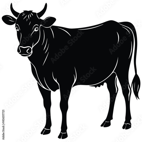 Black Cow Standing Silhouette, Farm Animal Art, Bovine Clipart Design