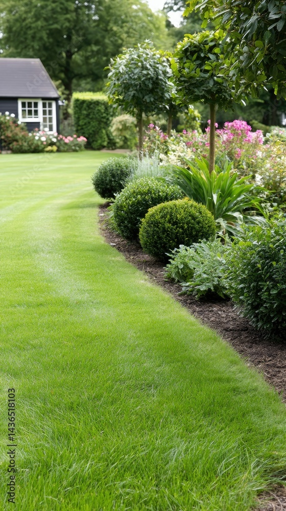 Obraz premium Serene garden path leads through vibrant plants and well-trimmed shrubs, showcasing a beautiful residential landscape during daylight.