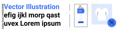 Smartphone screen displaying e-commerce app with shopping cart, t-shirt, and discount badge. Ideal for online shopping, mobile apps, UI design, e-commerce, retail marketing, discounts simple landing