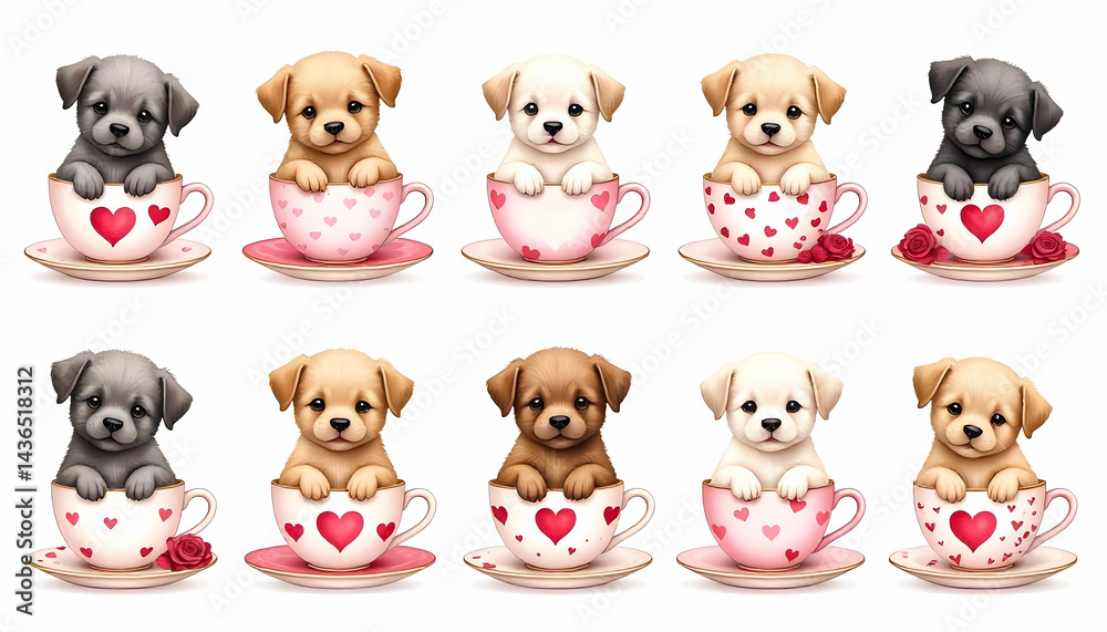 A collection of cute puppies relaxing in charming teacups, adorned with heart designs. A collection of cute puppies relaxing in charming teacups, adorned with heart designs.
