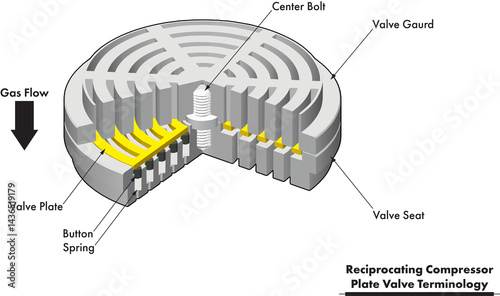 API-618 reciprocating compressor suction valve illustration showing terminology with a plate, springs, valve seat, and valve guard