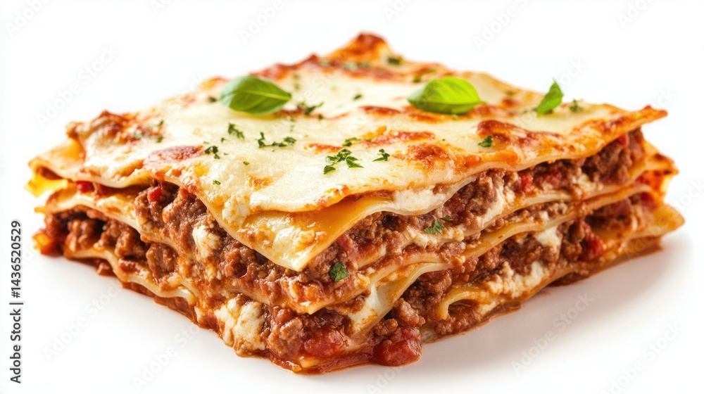Homemade lasagna layered with rich meat sauce isolate on white background
