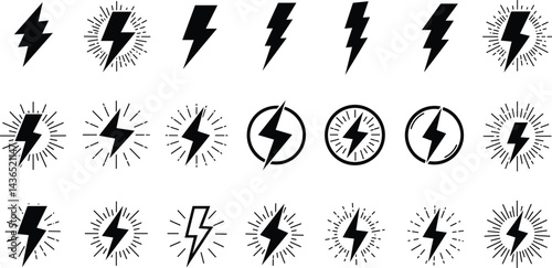 Lightning bolt icons set, black outline of flash lightning bolt icon vector illustration.