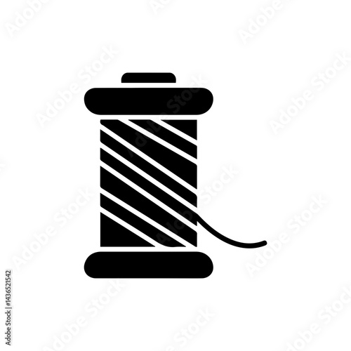 Black Icon of a Spool of Thread in Upright Position with Single Strand Out