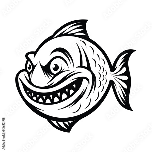 Black and White of a Cartoon Fish with Sharp Teeth, Evil Grin, Isolated