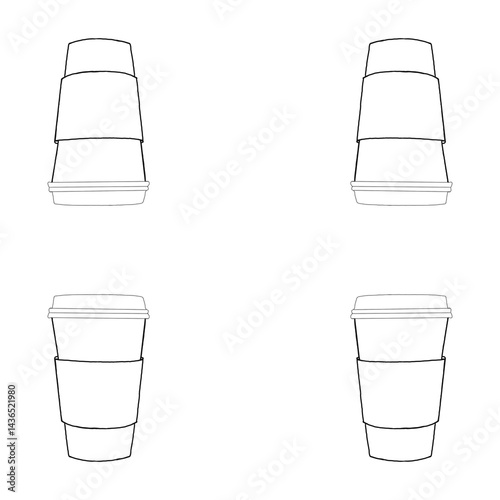 Minimal Line Art Coffee Cups Set - Stacked and Single To-Go Cups Illustration A minimalist black and white line art illustration featuring four coffee to-go cups. Two cups are stacked and two are show photo