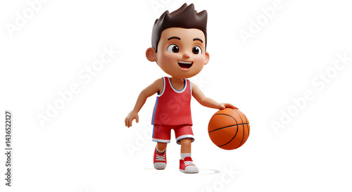 Animated character in red basketball uniform dribbling an orange basketball, against a black background. Digital artwork, 3D model.