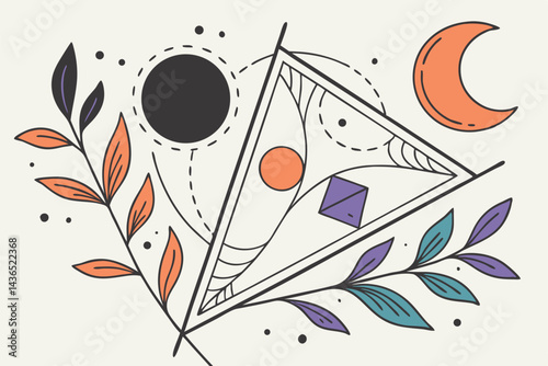 64 Abstract geometric composition, vibrant watercolor splashes, minimalist shapes, floating elements, dynamic balance, black spheres, orange crescent, blue triangle, purple accent, delicate linework, 