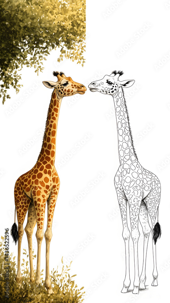 Obraz premium Two giraffes, one in full color and the other a black and white outline