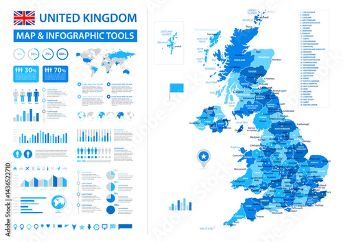 United Kingdom Infographic Map with Data Visualization Elements - Vector Map of Great Britain