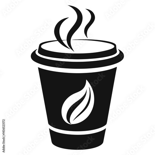 Black and white silhouette of a steaming disposable cup with leaf emblem design