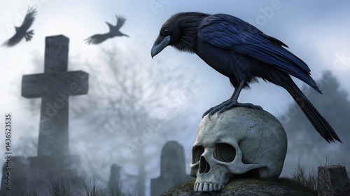 A raven stood upon a human skull in a cemetary, very detailed, anatomically correct, clean and crisp realistic photo created by ai