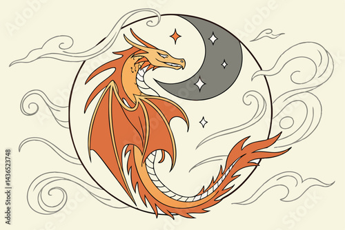 65 Fiery dragon, circular form, dynamic motion, swirling flames, ethereal mist, orange and gray tones, mythical creature, abstract art, energy vortex, smoky wisps, digital painting, fantasy illustrati