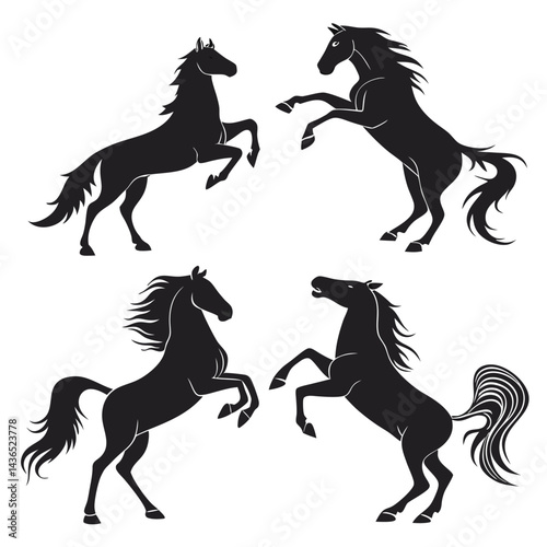 Four Black Horse Silhouettes in Dynamic Poses