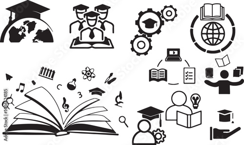education icon, online learning, graduation cap, students group, global education, e-learning, open book, knowledge sharing, science education, digital learning, study abroad, learning process, educat