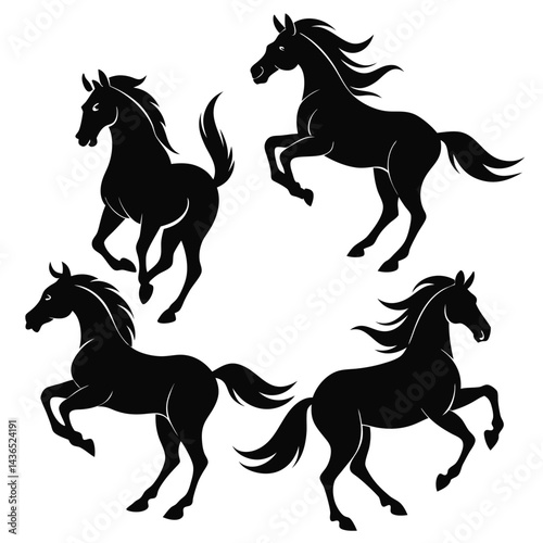 Four Black Horse Silhouettes in Dynamic Poses