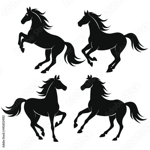 Four Black Horse Silhouettes in Dynamic Poses