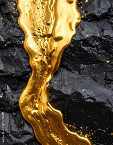 Rivulet of liquid gold flowing over black stone surface