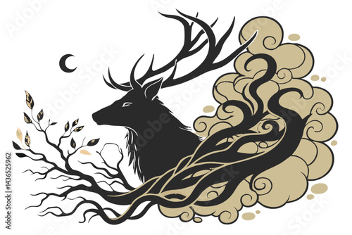 67 Dark silhouette, deer head, antlers, smoke effect, abstract art, black and gold, ethereal, surreal, mystical creature, nature spirit, ink splatter, roots, organic shapes, flowing tendrils, dramatic